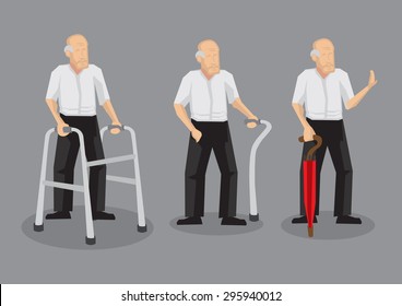 Set of three vector cartoon illustrations of elderly man with mobility aid isolated on grey background.