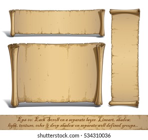 Set of three vector Cartoon illustrations of aged blank scrolls. Each Scroll on a separate layer, Lines, Shadow, Lights, Color & Drop Shadow on separate groups for easy editing.