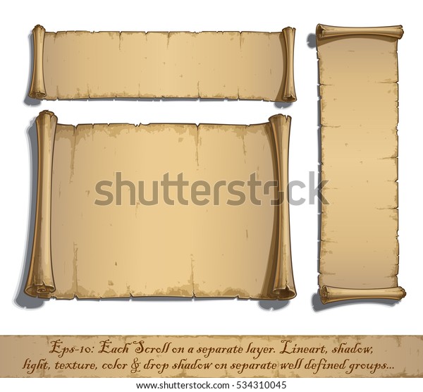 Set of\
three vector Cartoon illustrations of aged blank scrolls. Each\
Scroll on a separate layer,  Lines, Shadow, Lights, Color &\
Drop Shadow on separate groups for easy\
editing.