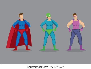 Set of three vector cartoon superhero wearing fancy costumes and masks. Character design isolated on grey background.