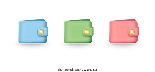 Set of three vector cartoon three-dimensional wallets with gold button. Blue, green and pink closed billfolds for cash, money (banknotes), coins, credit cards isolated on white background. EPS 10