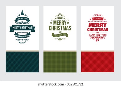Set of three vector Christmas greeting cards in blue, green and red color scheme on white background
