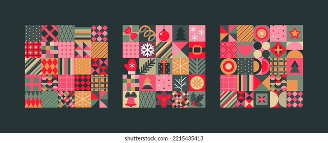 Set of three vector Christmas seamless patterns assembled from squares with Christmas symbols and geometric ornaments. Vector endless backgrounds of new year symbols in modern style.