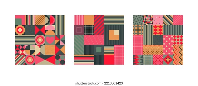 Set of three vector Christmas seamless patterns assembled from squares with Christmas symbols and geometric ornaments. Vector endless backgrounds of new year symbols in modern style.