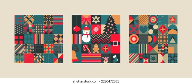 Set of three vector Christmas seamless patterns assembled from squares with Christmas symbols and geometric ornaments. Vector endless backgrounds of new year symbols in modern style.