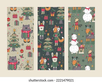 Set of three vector Christmas seamless patterns with hand drawn trees, animals, gift boxes. Collection of endless background with new year symbols.