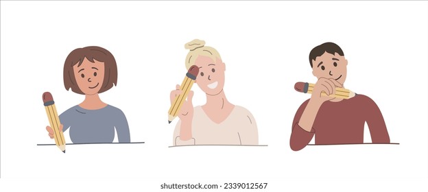 Set of three vector color illustration of studenst with pencils.