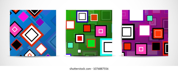 Set of three vector colorful banner with squares. Design geometric brochure