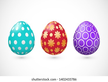 Set of three vector colorful eggs with shadow for Easter day greeting card. Different realistic color decorated eggs. Easter decoration elements for template, promotion, poster, flyer, web.