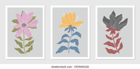 Set of three vector colorful flowers in frames.
