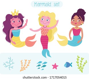 Set of three vector colorful Mermaids and sea elements 