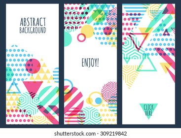 Set of three vector creative banner background with multicolor geometric pattern and place for text. Design concept for cover, brochure, flyer.