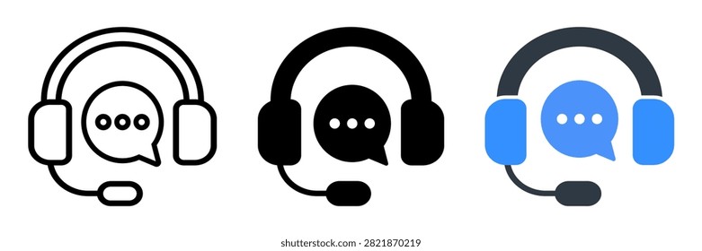 Set of three vector customer support, call center, and online help desk icons featuring headsets and chat bubbles with typing dots in outline, solid, and black-blue styles. Perfect for customer service, help pages, contact us sections, and business websites. Isolated on a white background.