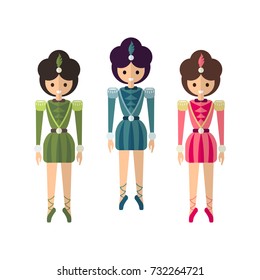 Set of three vector dancing ballerinas in little cute soldiers tutu dresses, pink green and blue colors costumes performers doll figures in flat style isolated on white.