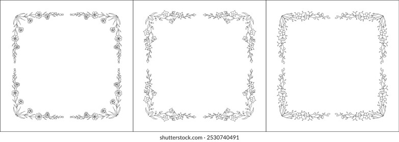 Set of three vector decorative frames, vegetal ornamental frame with flowers, decorative border, corners for greeting cards, banners, business cards, invitations. Isolated vector illustration.	
