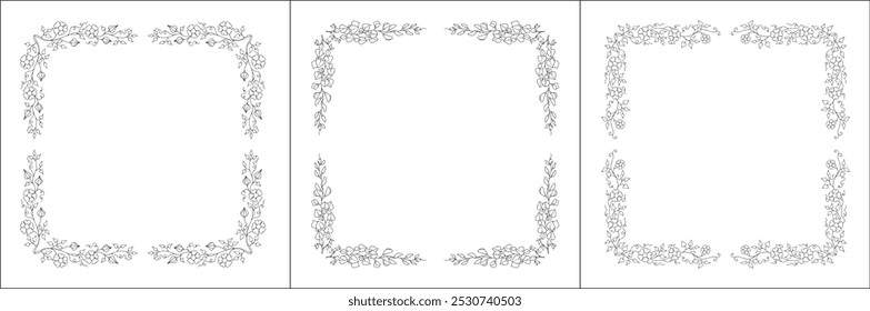 Set of three vector decorative frames, vegetal ornamental frame with flowers, decorative border, corners for greeting cards, banners, business cards, invitations. Isolated vector illustration.	
