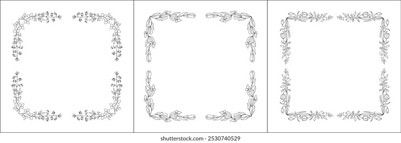 Set of three vector decorative frames, vegetal ornamental frame with flowers, decorative border, corners for greeting cards, banners, business cards, invitations. Isolated vector illustration.	
