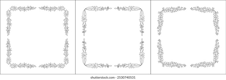 Set of three vector decorative frames, vegetal ornamental frame with flowers, decorative border, corners for greeting cards, banners, business cards, invitations. Isolated vector illustration.	
