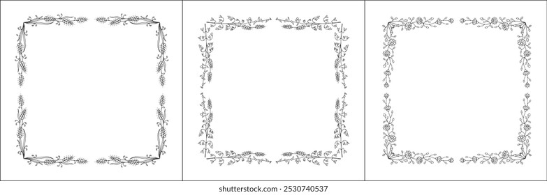 Set of three vector decorative frames, vegetal ornamental frame with flowers, decorative border, corners for greeting cards, banners, business cards, invitations. Isolated vector illustration.	
