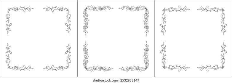 Set of three vector decorative frames, vegetal ornamental frame with flowers, decorative border, corners. Isolated vector illustration.