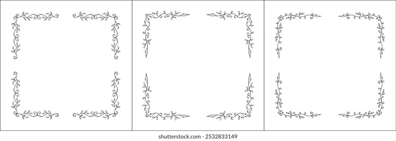 Set of three vector decorative frames, vegetal ornamental frame with leaves, decorative border, corners. Isolated vector illustration.