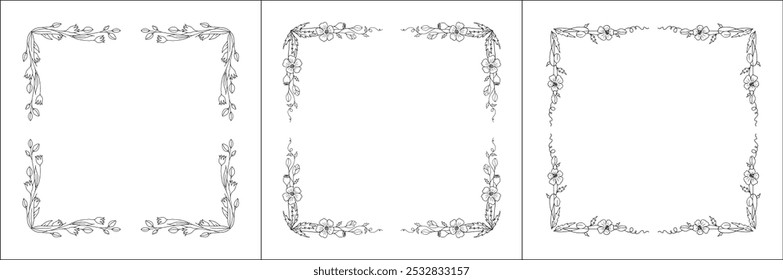 Set of three vector decorative frames, vegetal ornamental frame with flowers, decorative border, corners. Isolated vector illustration.