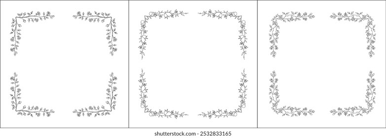 Set of three vector decorative frames, vegetal ornamental frame with flowers, decorative border, corners. Isolated vector illustration.