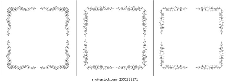 Set of three vector decorative frames, vegetal ornamental frame with flowers, decorative border, corners. Isolated vector illustration.