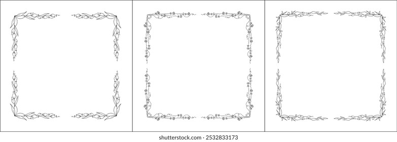 Set of three vector decorative frames, vegetal ornamental frame with flowers, decorative border, corners. Isolated vector illustration.