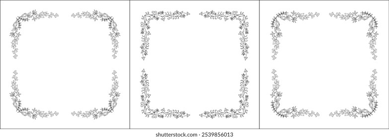 Set of three vector decorative frames, vegetal ornamental frame with flowers, decorative border, corners for greeting cards, banners, business cards, invitations. Isolated vector illustration.	