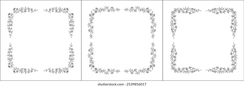 Set of three vector decorative frames, vegetal ornamental frame with berries, decorative border, corners for greeting cards, banners, business cards, invitations. Isolated vector illustration.	