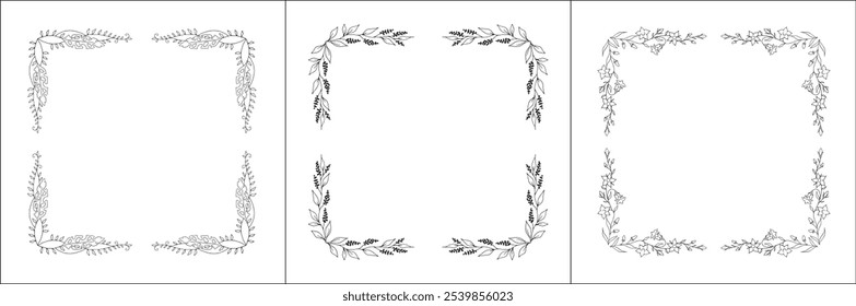 Set of three vector decorative frames, vegetal ornamental frame with flowers, decorative border, corners for greeting cards, banners, business cards, invitations. Isolated vector illustration.	