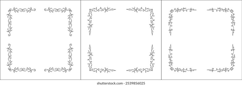 Set of three vector decorative frames, vegetal ornamental frame with leaves, decorative border, corners. Isolated vector illustration.	
