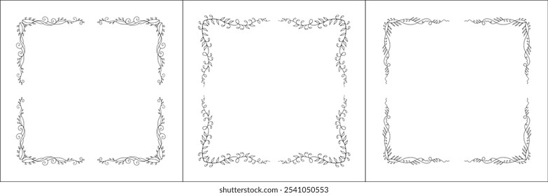 Set of three vector decorative frames, vegetal ornamental frame with leaves, decorative border, corners. Isolated vector illustration.	
