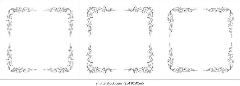 Set of three vector decorative frames, vegetal ornamental frame with flowers, decorative border, corners for greeting cards, banners, business cards, invitations. Isolated vector illustration.	