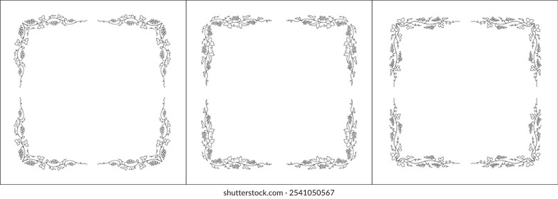 Conjunto de três quadros decorativos vetoriais. Moldura vegetal com videira, cantos decorativos para cartões de saudação, banners, cartões de visita, convites, menus. Ilustração isolada de vetor.	