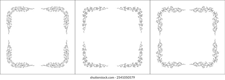 Set of three vector decorative frames, vegetal ornamental frame with flowers, decorative border, corners for greeting cards, banners, business cards, invitations. Isolated vector illustration.	