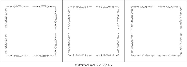 Set of three vector decorative frames, vegetal ornamental frame with leaves, decorative border, corners. Isolated vector illustration.