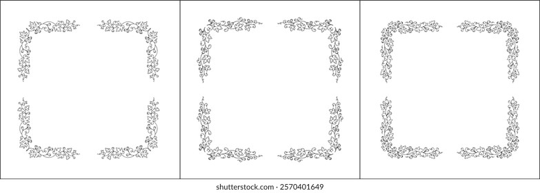 Set of three vector decorative frames, vegetal ornamental frame with figs, decorative border, corners, black and white. Isolated vector illustration.	
