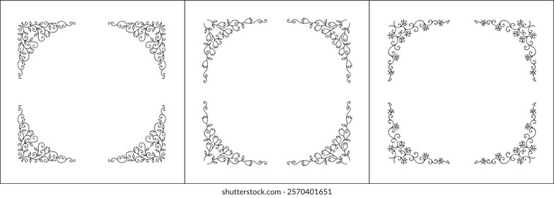 Set of three vector decorative frames, vegetal ornamental frame with flowers, decorative border, corners, black and white. Isolated vector illustration.	
