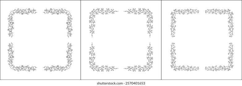 Set of three vector decorative frames, vegetal ornamental frame with flowers, decorative border, corners, black and white. Isolated vector illustration.	
