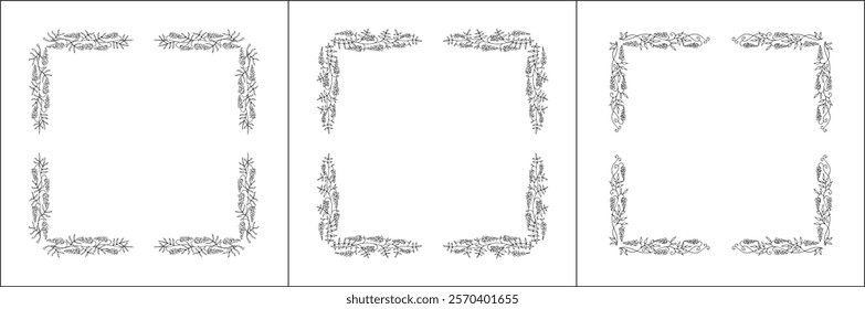 Set of three vector decorative frames, vegetal ornamental frame with glycine flowers, decorative border, corners, black and white. Isolated vector illustration.	
