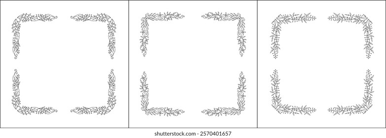 Set of three vector decorative frames, vegetal ornamental frame with flowers, decorative border, corners, black and white. Isolated vector illustration.	
