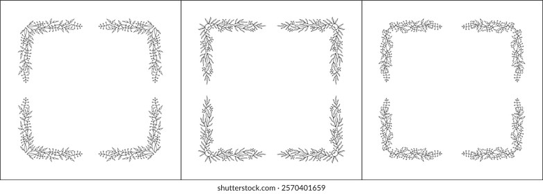 Set of three vector decorative frames, vegetal ornamental frame with flowers, decorative border, corners, black and white. Isolated vector illustration.	
