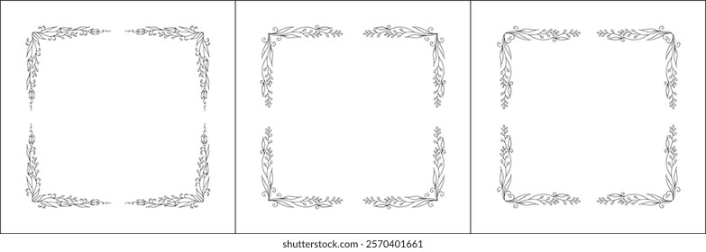 Set of three vector decorative frames, vegetal ornamental frame with flowers, decorative border, corners, black and white. Isolated vector illustration.	
