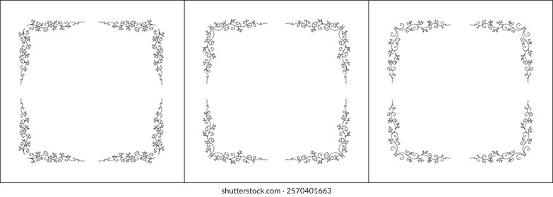 Set of three vector decorative frames, vegetal ornamental frame with flowers, decorative border, corners, black and white. Isolated vector illustration.	
