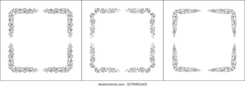 Set of three vector decorative frames, vegetal ornamental frame with flowers, decorative border, corners, black and white. Isolated vector illustration.	
