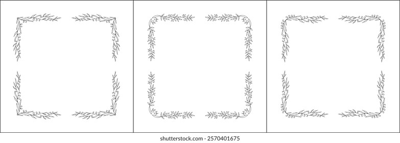 Set of three vector decorative frames, vegetal ornamental frame with flowers, decorative border, corners, black and white. Isolated vector illustration.	
