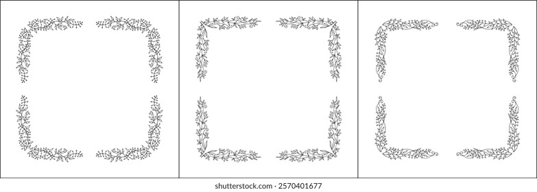 Set of three vector decorative frames, vegetal ornamental frame with flowers, decorative border, corners, black and white. Isolated vector illustration.	
