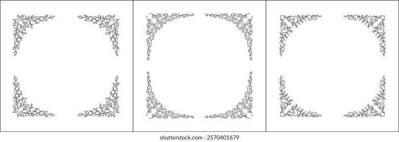 Set of three vector decorative frames, vegetal ornamental frame with flowers, decorative border, corners, black and white. Isolated vector illustration.	
